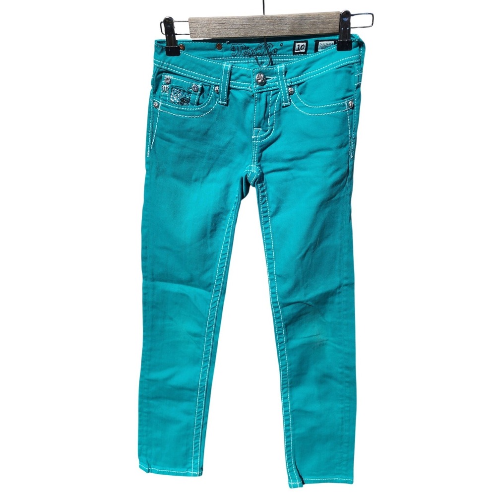 Miss Me Girls Skinny Jeans Size 10 Peacock Teal Embellished Sequin JK5124S14